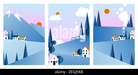 Geometrische Winterlandschaftskarten, abstrakte Vektorhintergründe mit Bergen und verschneiten Dorfhäusern, rosa blauer Himmel mit weißen Wolken und Sonnenaufgang. Saisonale Poster, weihnachtspostkarten Stock Vektor