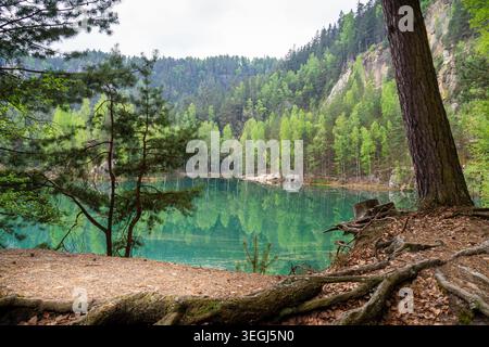 Ruhige Naturszene. Ruhige Gewässer, die zerklüftete Kalksteinformationen reflektieren, sind an Felsen angelehnt Stockfoto