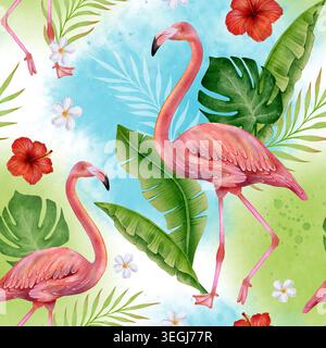 Nahtloses tropisches Muster mit rosafarbenen Flamingos, Hibiskusblüten und Monsterablättern. Exotisches botanisches Design für Stoffe, Textilien, Tapeten, Geschenkpapier, Verpackungen, Hintergrund- und Dekorationsdruck. Stockfoto