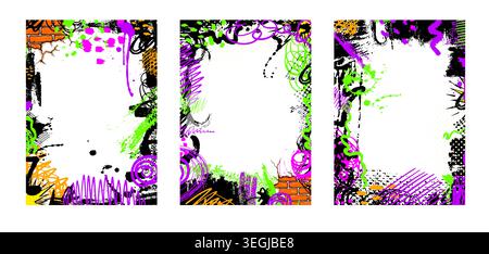 Grunge farbenfrohe Rahmenvorlagen mit Kritzeleien, Sprühfarbe und Tintentropfen. Eine Reihe von Graffiti-Kunsthintergründen mit abstrakter Straßenkunst Stock Vektor