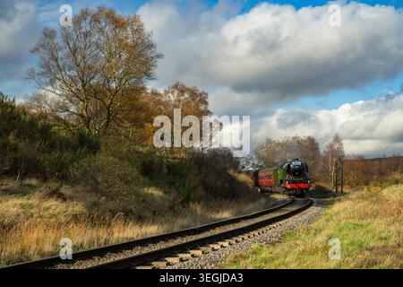 Historische ikonische Flying Scotsman Dampfeisenbahn, Rundkurve (Sonnenlicht auf A3 Klasse Lokomo, Wagen, malerische ländliche Eisenbahn) - NYMR, England, Großbritannien. Stockfoto