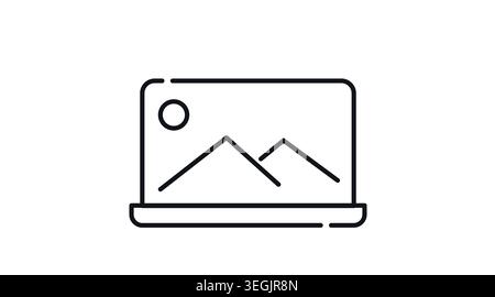 Laptop mit Bildsymbol auf dem Bildschirm: Tragbarer Computer mit digitaler Fotografie, Tapetengalerie und Grafikdesign, minimalistische Black Line Art Stock Vektor