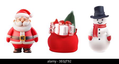 3D Weihnachtsmann Aufkleber mit Geschenktüte und coolem Spielzeug Schneemann. Winter-Großvater-Maskottchen, geheimer Überraschungssack. Snow Xmas frostiger Pelzbaum, Charakter mit Stock Vektor
