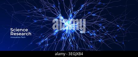 Wissenschaft Forschung Abstract neuronale Wellenlinien, digitale Transformation KI neuronale Verbindung Radialzelle Blaue Neonglühbahnen. Neural Innovativ Stock Vektor