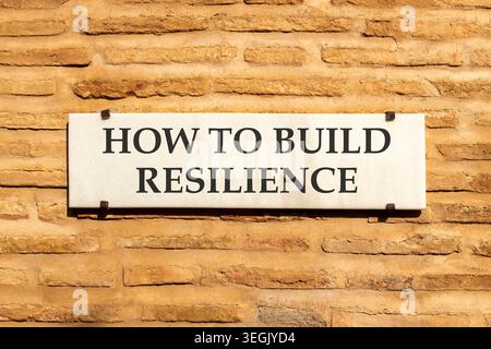 So erstellen Sie ein Resilienzsymbol. Konzeptworte wie man Widerstandsfähigkeit auf wunderschöner weißer Marmorschildplatte schafft. Wunderschöner Backsteinmauerhintergrund. Unternehmen Stockfoto