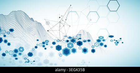 Abstrakter Wissenschaftshintergrund mit Sechsecken und Drahtgitterbergen. Vektorgrafik-Illustration. Stock Vektor