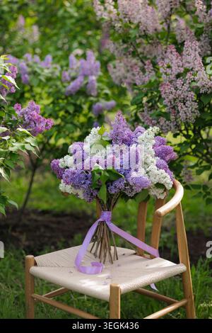 Auf einem Holzstuhl, umgeben von üppigem Grün, sitzt ein leuchtender Fliederstrauß in lila und weiß, perfekt für Blumenarrangements oder Gartenmotive Stockfoto