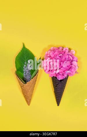Eiskegel mit wunderschönen Hortensie Blumen auf einer gelben Grußkarte Stockfoto