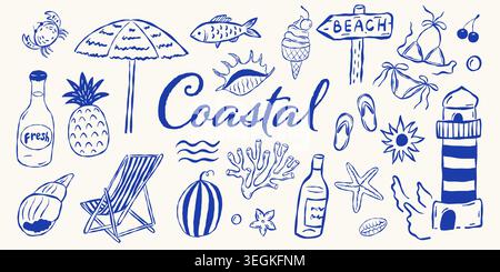 Blaue Ikonen der Küste im Skizzenstil: Strandstuhl, Krabben, Seesterne, Wellen und Flasche Stock Vektor