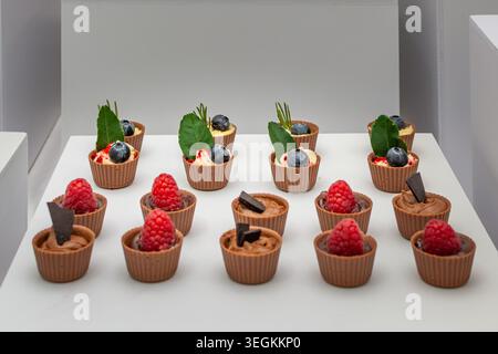 Gourmet-Mini-Schokoladentassen gefüllt mit cremigen Desserts, Himbeeren und Heidelbeeren werden bei einem formellen Catering-Buffet präsentiert Stockfoto