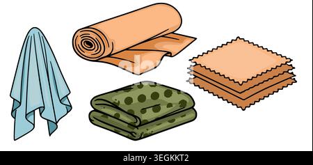 Vektor - Satz von Stoffillustrationen: Hängendes Tuch, gerolltes Textil, gefaltetes Gewebe mit Punkten und gestapelte Stücke mit welligen Kanten. Stock Vektor