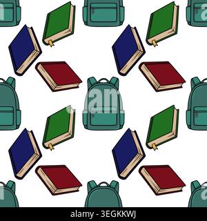 Nahtloses Vektormuster von bunten Büchern und Rucksäcken auf weißem Hintergrund Stock Vektor