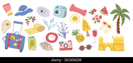 Sommerurlaub tropische Elemente Set. Reisen Sie im Flugzeugkoffer, Limonaden, Sommergetränke und tropische Früchte, Pflanzen. Cartoon-Strandaccessoires und ClipArt-Set mit Küstenelementen. Kir-Cocktail. Stock Vektor