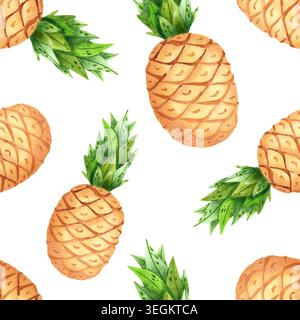 Nahtloses Sommermuster mit Ananas. Handgezeichnetes tropisches Dekor mit exotischen Früchten. Tourismus- und Freizeitartikel für Postkarten, Packa Stockfoto