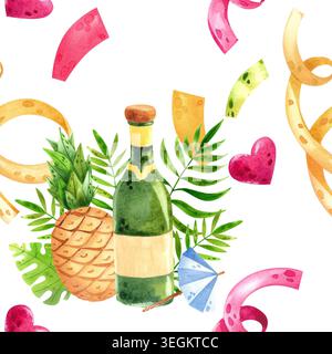 Nahtloses Sommermuster mit Ananas und Champagner mit festlichem Konfetti. Aquarell handgezeichnetes Party-Gunst-Ornament. Geeignet für Karten, Verpackungen Stockfoto