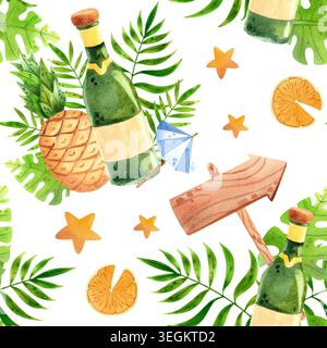 Nahtloses Sommermuster mit Ananas und Champagner. Handgezeichnetes tropisches Dekor mit exotischen Früchten. Tourismus- und Freizeitartikel für po Stockfoto