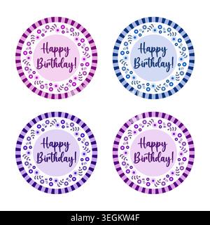 Happy Birthday Schild mit Blumen für den Kreis Papierteller oder Ballon Design, Aufkleber oder Abzeichen und Embleme. 4er-Set. Vektordesign. Stock Vektor