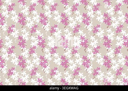 Tropisches nahtloses Muster mit rosafarbenen Orchideen, Hibiskus, Plumeria und Monsterablättern. Handgezeichneter floraler Hintergrund. Design für Verpackungen und Textilien. Stockfoto