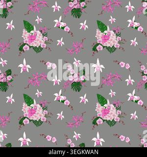 Tropisches nahtloses Muster mit rosafarbenen Orchideen, Hibiskus, Plumeria und Monsterablättern. Handgezeichneter floraler Hintergrund. Design für Verpackungen und Textilien. Stockfoto