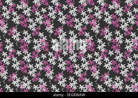 Tropisches nahtloses Muster mit rosafarbenen Orchideen, Hibiskus, Plumeria und Monsterablättern. Handgezeichneter floraler Hintergrund. Design für Verpackungen und Textilien. Stockfoto