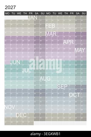 2027 vertikaler Kalender oder Wandplaner, bei dem jeder Monat reibungslos in den nächsten fließt. 2 Wochen hintereinander. Vektordesign. Stock Vektor