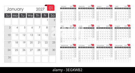 Jahreskalender 2027 oder Schwarzweiß-Planer mit rotem Etikett für die Monatsnummer. Die Woche beginnt am Sonntag. Weißer Hintergrund. Vektordesign. Stock Vektor