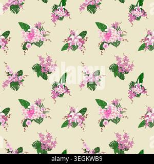 Tropisches nahtloses Muster mit rosafarbenen Orchideen, Hibiskus, Plumeria und Monsterablättern. Handgezeichneter floraler Hintergrund. Design für Verpackungen und Textilien. Stockfoto