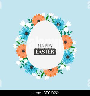 Weißes Osterei umgeben von blauen weißen und orangen Blumen auf hellblauem Hintergrund. Vektordesign. Stock Vektor