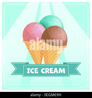 Eiskegel-Poster mit Schokolade, blauen und rosafarbenen Eiswaffelkegeln auf blauem Hintergrund. Vektordesign. Stock Vektor