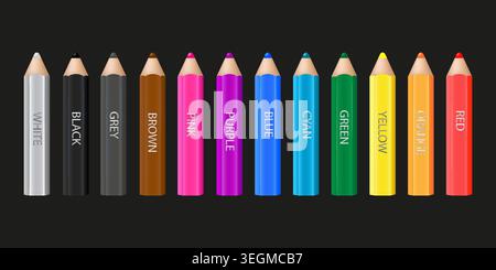 Bunte Bleistifte mit Namen von Farben auf Englisch. Schwarzer Hintergrund. Vektorkonstruktion. Stock Vektor