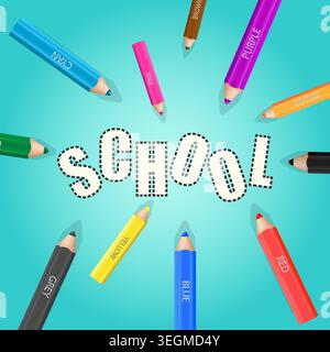 Zurück zur Schule Poster mit bunten Bleistiften. Blauer Hintergrund. Grafikdesign. Stock Vektor