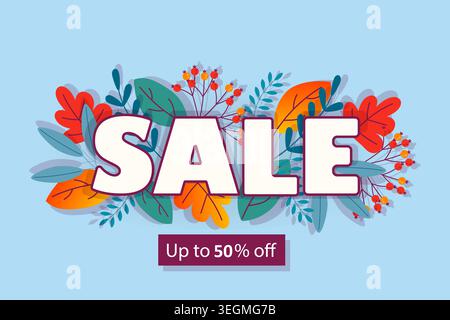 Herbstangebot Banner mit bunten Blättern. Bis zu 50 % aus. Vektordesign. Stock Vektor