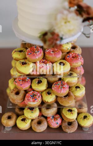 Süßes Sortiment an Miniatur-Donuts mit hellen Belägen auf rustikaler Holzplattform Stockfoto