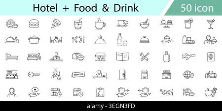 Hotel Food and Drink Combo Icon Set, Hospitality Restaurant Getränke und Catering Line Vector Icons für Travel Dining und Hotel Services Stock Vektor