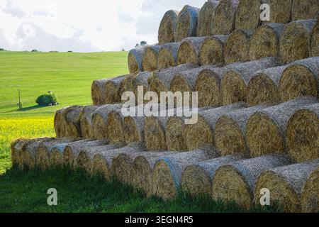 Gestapelte runde Heuballen, die auf grasbewachsenem Ackerland mit sanften Feldern unter bewölktem Tageslicht angeordnet sind. Stockfoto