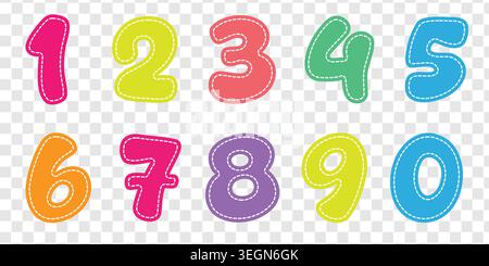 Set aus farbigen numerischen Ziffern von Null bis neun mit gepunktetem Rand auf transparentem Hintergrund. Spielerische Typografie für Kinderlear Stock Vektor