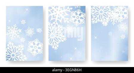 Elegante Winterposter mit Schneeflocken auf blauem Hintergrund. Vektor-realistische Illustration abstrakter fallender Eiskristalle, weiche, verschwommene Hintergrundtextur, saisonale Begrüßungsbanner Stock Vektor