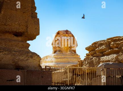 Ikonischer Blick auf die große Sphinx von Gizeh in Kairo, Ägypten, umgeben von alten Wüstensteinformationen in der Nähe des berühmten Pyramidenkomplexes. Historischer Bogen Stockfoto