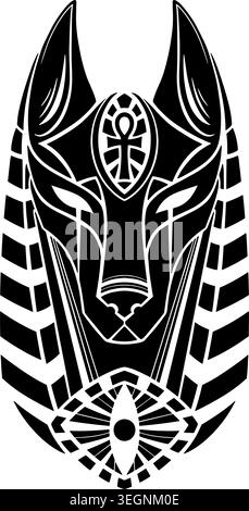 Vektorillustration des ägyptischen Gottes Anubis Kopf im symmetrischen geometrischen Tätowierungsstil. Mit einem Ankh-Symbol auf der Stirn, Stammeshintergrund Stock Vektor