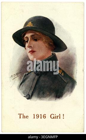 1900er Jahre, Postkarte des 1. Weltkriegs einer Frau, die eine Uniform des British Women's Army Auxiliary Corps (WAAC) trägt, an der Heimatfront arbeitet, 1900er Jahre, datiert/veröffentlicht 1916, UK Stockfoto