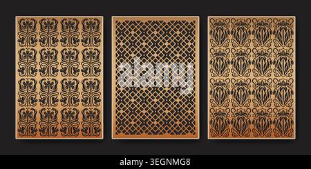CNC-lasergeschnittene Muster mit abstraktem geometrischem Ornament-Design. Vektor-realistische Illustration von dekorativen Holzplatten oder Metallschablonen mit floralen Motiven, Mustern für moderne Randelemente Stock Vektor