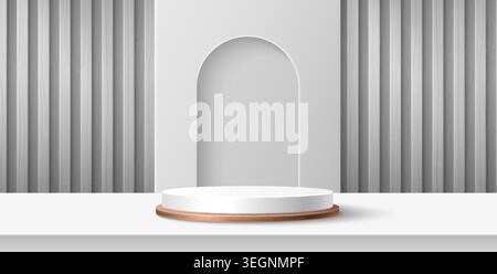 Weißes 3D-Podium mit elegantem Bogenhintergrund, realistischem Vektorhintergrund. Minimalistische Präsentationsplattform aus Holz für luxuriöse Präsentationen in sauberen Studioräumen, weiche Schatten. Leerer runder Sockel Stock Vektor