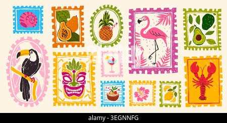 Vintage Sommer handgezeichnete Briefmarken mit tropischen Strandelementen, Postkartenrahmen, Vektoraufkleber Illustrationen. Exotische Urlaubsmotive, Retro-Reisedesign und Küstendrucke. Stock Vektor