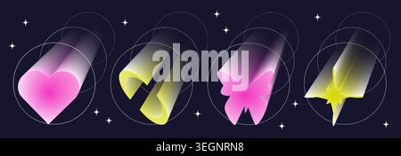Y2K Ästhetische Aura-Symbole mit Farbverlauf, 3D-Perspektive und Neonlicht. Abstrakte holografische Vektorformen, weiche Unschärfeeffekte und trendige Stickerelemente für moderne Designprojekte. Stock Vektor
