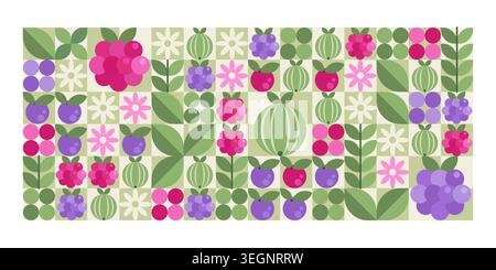 Geometrisches Beerenmuster mit Himbeeren und Stachelbeeren im modernen flachen Stil. Vektor-Illustration des abstrakten nahtlosen Designs mit Frucht-Ikonen, Blumen und Blättern, kreatives trendiges quadratisches Mosaik Stock Vektor