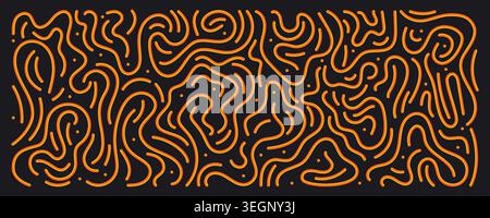 Abstrakte Kritzelei gekrümmte wellige Linien im dynamischen Muster, Vektorillustration isoliert auf schwarzem Hintergrund. Neonorange Verläufe und Schlaufen, moderne grafische Designelemente mit fließenden Formen Stock Vektor