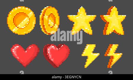 Pixel Art goldene Münzen, Sterne, Herzen, Blitzsymbole, die sich auf schwarzem Hintergrund drehen. Vektor-Illustration von Retro-Arcade-Spielelementen, 8-Bit-Schatz im klassischen Stil, Video-Gaming-ui, nostalgische Grafiken Stock Vektor