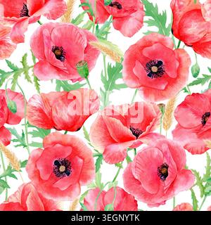 Aquarellrot Mohnblumen nahtloses Muster isoliert auf weißem Hintergrund. Handgezeichnete botanische Blumenillustration mit Blättern und Weizenohren Stockfoto