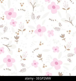 Blumen-ländliches Muster weicher pastellweißer Hintergrund mit Wiesenblumen. Neutrale Kulisse des Bauernhauses Stock Vektor