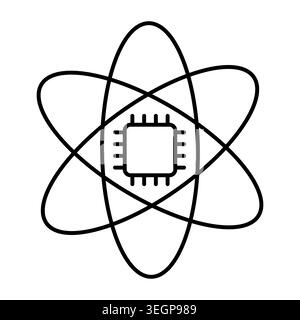 Mehrere Orbitsymbole mit Chip. Illustration der Vektorlinie für Technologienetzwerke, globale Konnektivität, KI-Infrastruktur. Stock Vektor